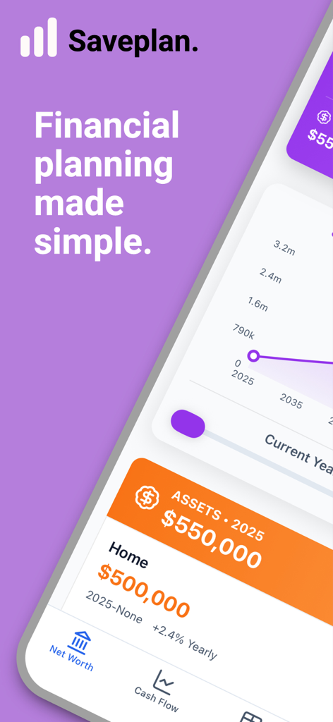 Saveplan - 재정 계획을 위한 순자산 예측 및 자산 추적을 표시하는 Saveplan 앱 인터페이스