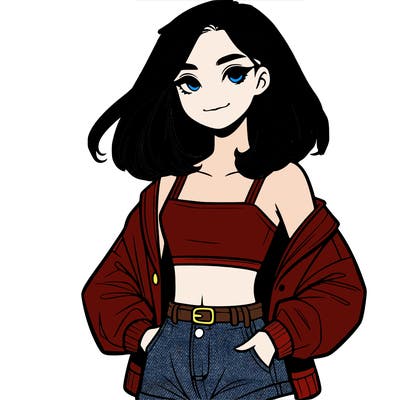 a realistic girl with a crop top and short shorts in an open jacket