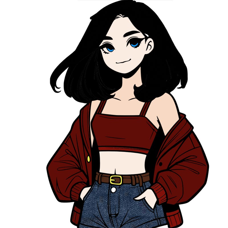 a realistic girl with a crop top and short shorts in an open jacket