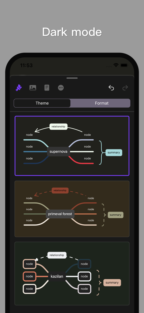 MindSpace - Mind Map - MindSpace app interface displaying various mind map themes in dark mode.