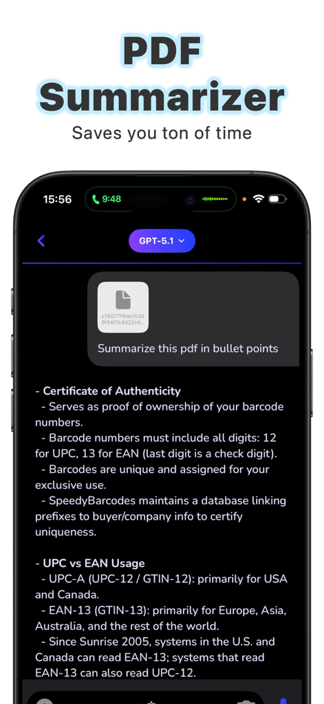 Ask AI Anything - Aido - Aido AI mobile app interface showing a PDF document summarized into bullet points for quick reading.