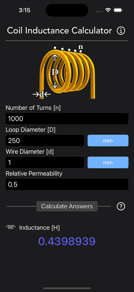 Interface de l'application Calculateur d'Inductance de Bobine montrant les champs de saisie pour le nombre de spires et le diamètre de la bobine avec un résultat d'inductance calculé