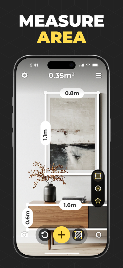 Tape Measure : AR Ruler Tool - AR measurement app interface on iPhone calculating the area of a wall picture frame