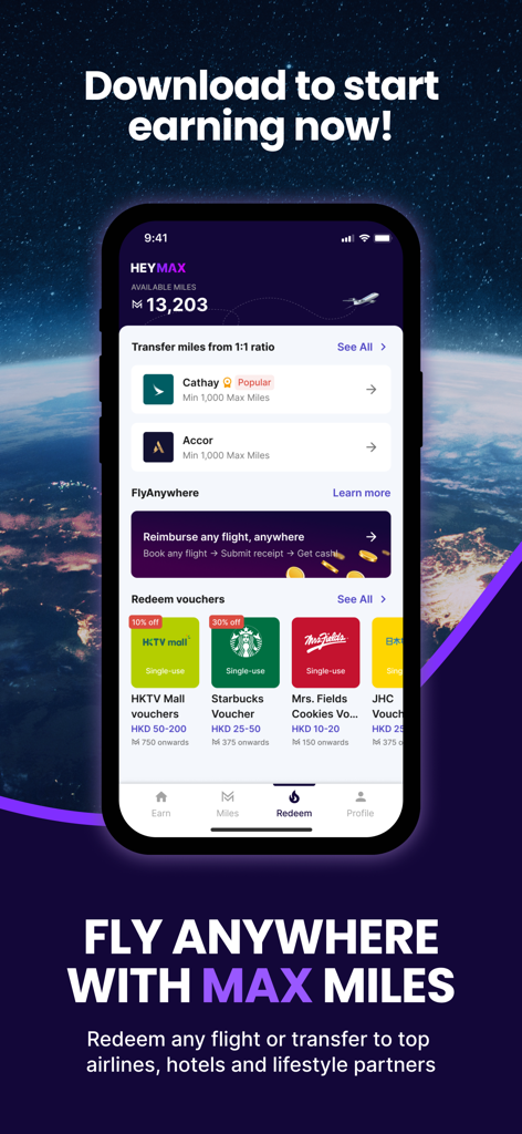HeyMax: Buy Vouchers Get Miles - HeyMax app interface displaying available miles and options to redeem rewards for flights or shop vouchers.