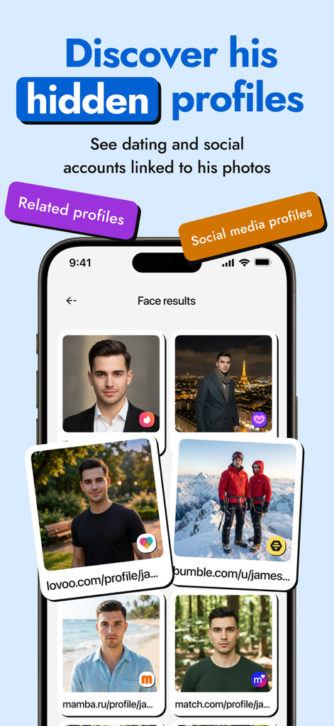 PimEyes AI: AI Checker - App interface showing face search results for hidden social media and dating profiles