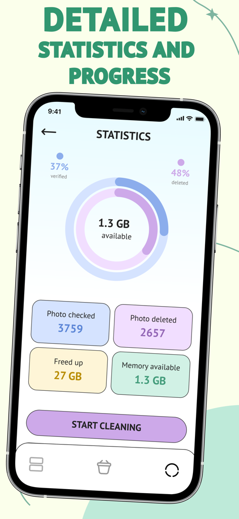 Screenshot der Photo Cleaner App, der Speicherstatistiken anzeigt, einschließlich geprüfter und gelöschter Fotos sowie des insgesamt freigegebenen Speichers