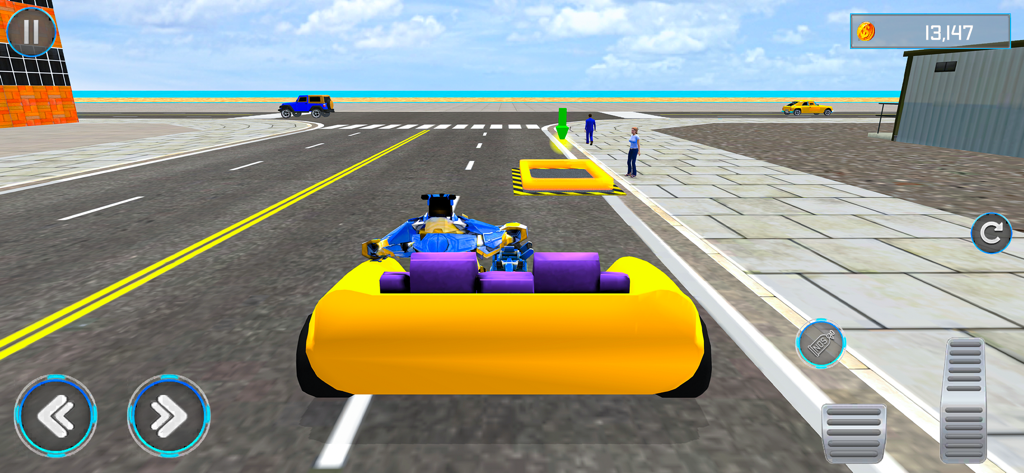 Robot Car Battle - Robot Games - A yellow car driving on a city road toward a blue robot in an open world environment