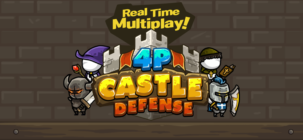 Pantalla de título del juego multijugador en tiempo real Castle Defense Online 4p con personajes de dibujos animados