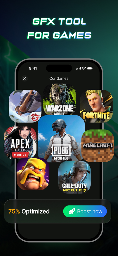 Game Booster: GFX Tool No Lag - Mobile app interface for game performance optimization showing popular titles and a boost button.