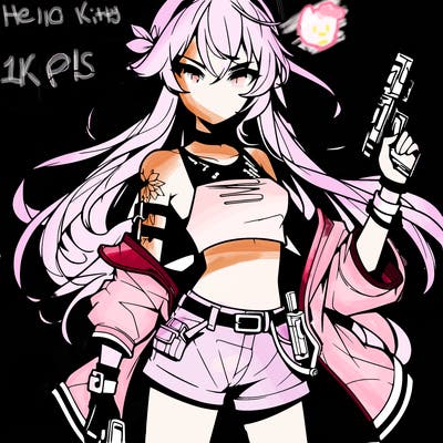 bad girl wearing crop top holding a gun long hair anime