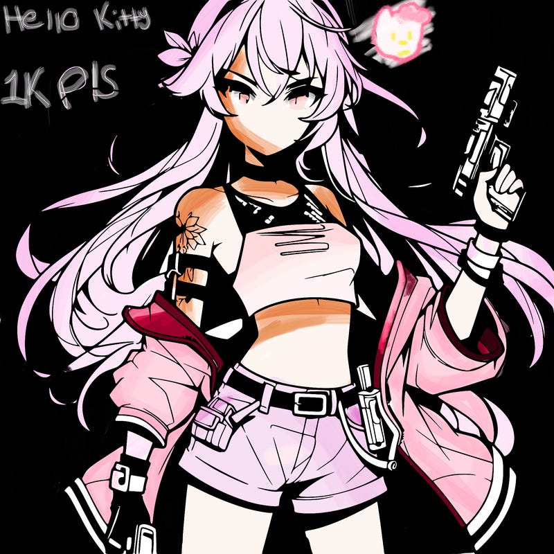 bad girl wearing crop top holding a gun long hair anime