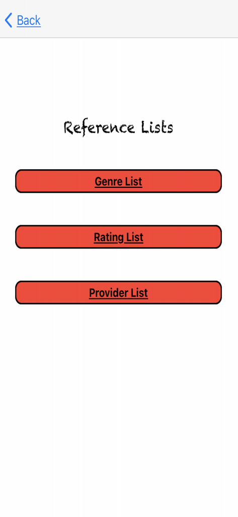 Reference Lists screen showing buttons for Genre List Rating List and Provider List