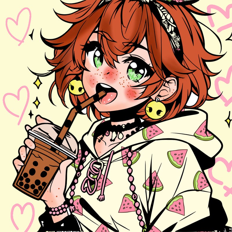 hot baddie anime girl drinking boba and biting the straw