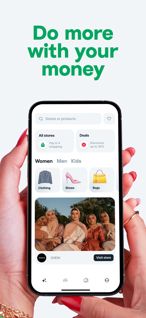 Tabby mobile app interface showing categories for clothing shoes and bags with a Shein promotional banner
