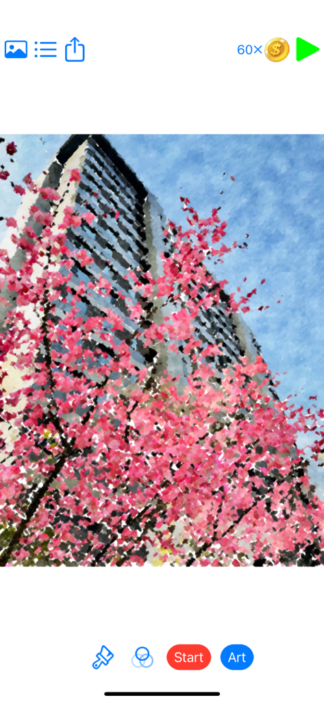 Monet - photo to pastel - A photo of pink cherry blossoms transformed into a pastel painting within the Monet app interface.