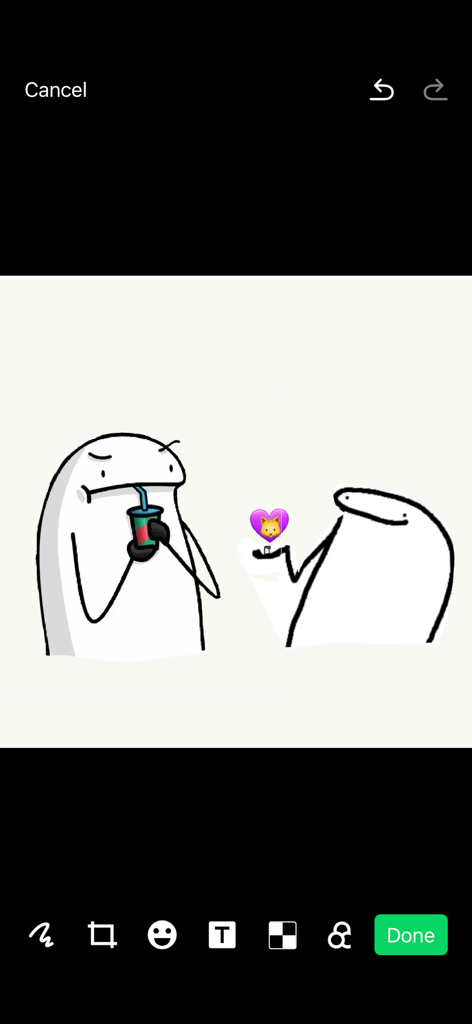 Interfaz de la app Flork Sticker Maker mostrando una pantalla de personalización con personajes de memes y herramientas de edición.