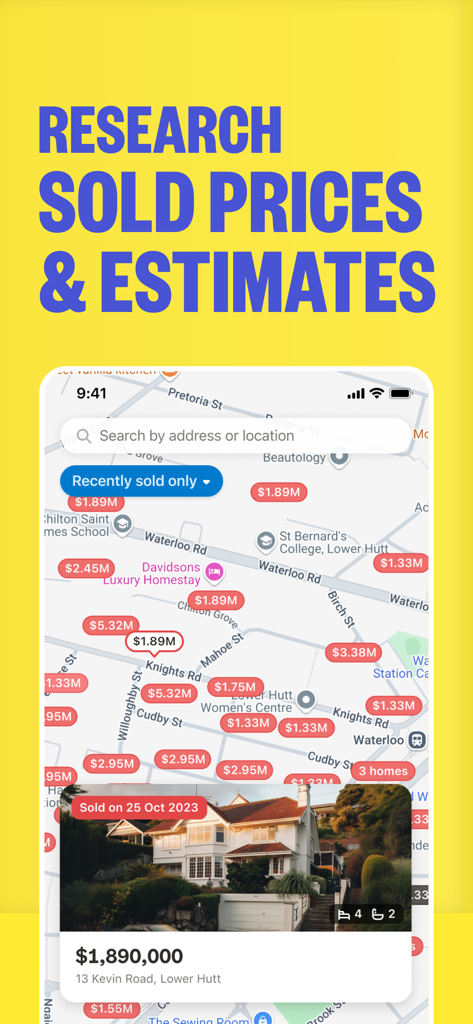 Vista de mapa de la aplicación Trade Me Property que muestra precios de venta recientes y estimaciones de viviendas