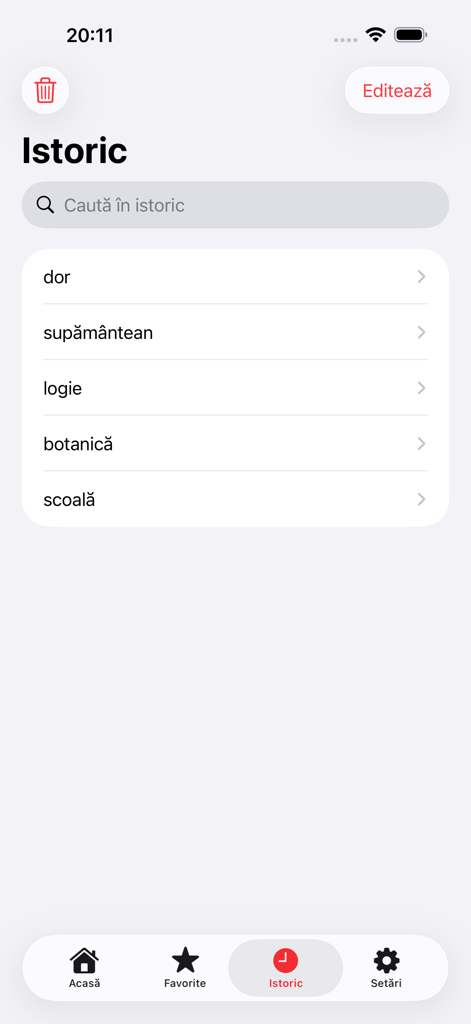 Pantalla de historial de la aplicación de diccionario rumano roDex mostrando una lista de palabras buscadas recientemente.