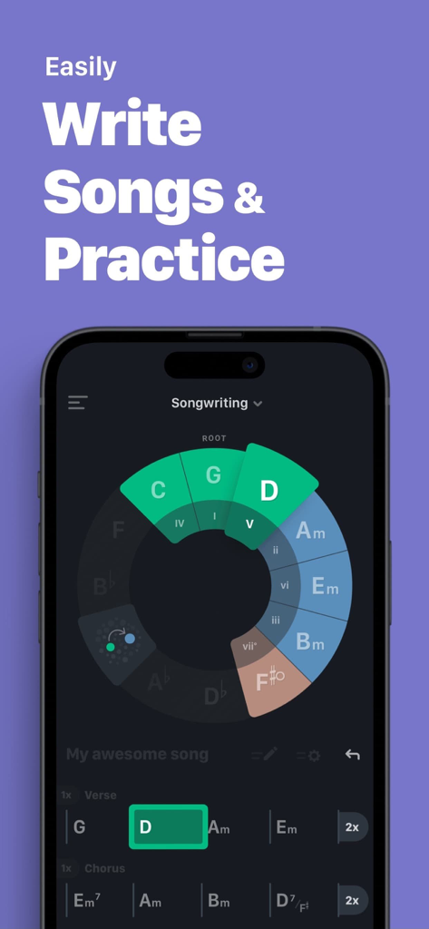 TONALY: Write & Practice Songs - The TONALY app interface featuring an interactive circle of fifths and chord progression builder for songwriting