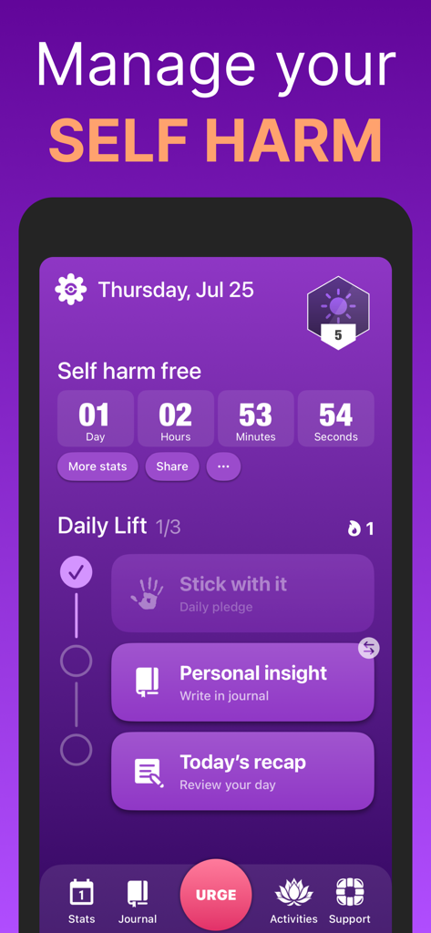 HarmLess: Self Harm Tracker - Dashboard dell'app mobile HarmLess che mostra un timer di recupero dall'autolesionismo e attività quotidiane di sobrietà