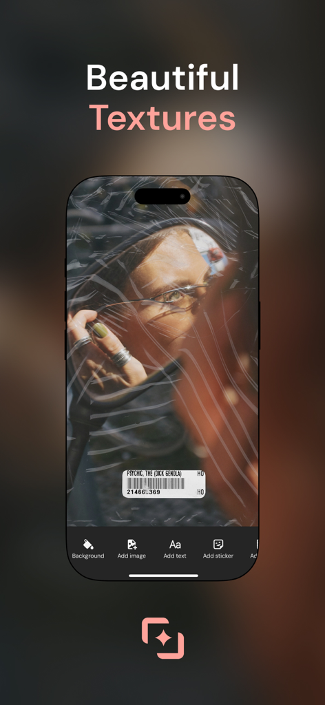Collagio: Photo Collage Editor - A mobile interface of the Collagio app showing a photo with a beautiful plastic wrap texture overlay and a barcode sticker.