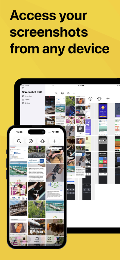 Screenshot PRO App-Oberfläche, angezeigt auf einem iPhone und iPad, die die geräteübergreifende Synchronisierung hervorhebt
