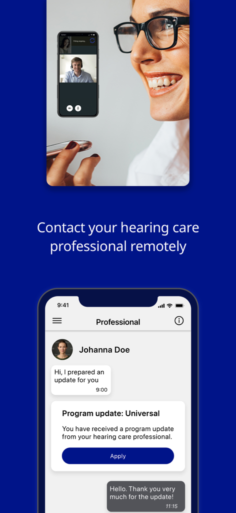 AudioService App - A woman using the AudioService app for a remote video consultation and a smartphone interface showing a hearing aid program update from a professional