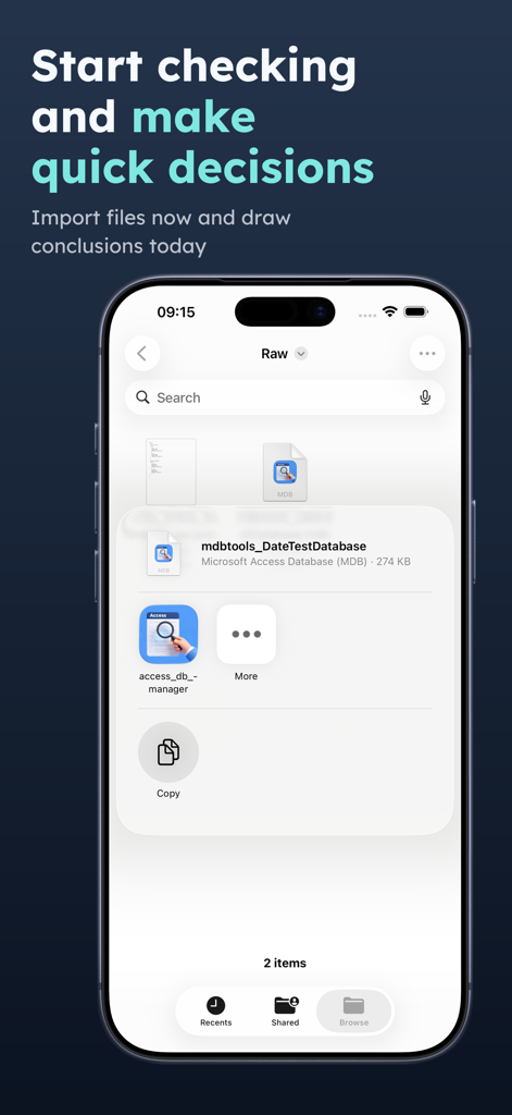 Access Database Viewer: MDB AI - A screenshot of the Access Database Viewer app showing the file import interface for MDB and ACCDB files on an iPhone