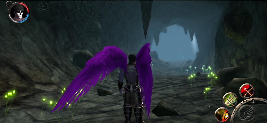 Angel Sword: 3D RPG - A customized character with large purple wings exploring a dark cave in Angel Sword 3D RPG.