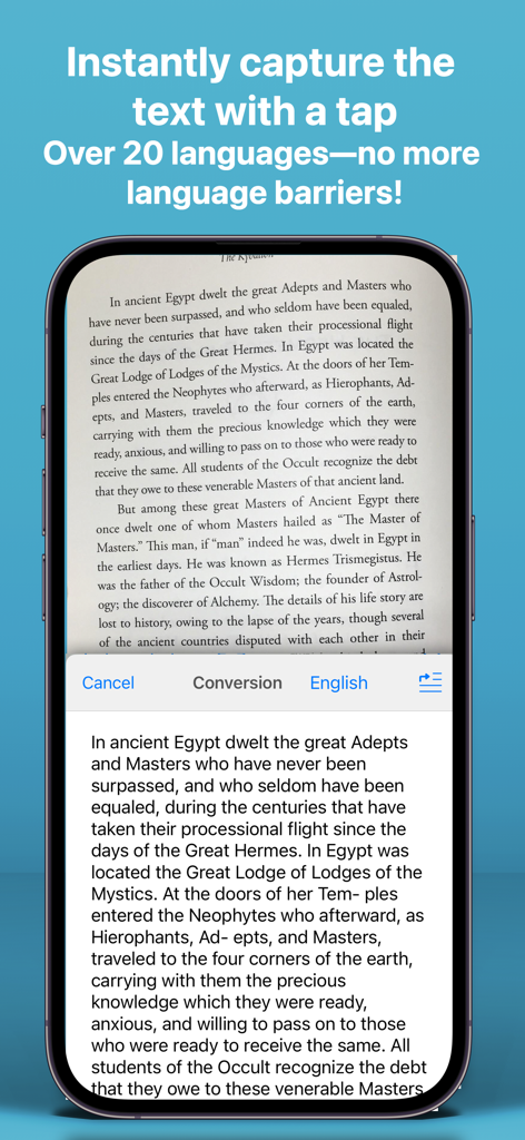 An iPhone using the TLDR app to scan and extract text from a physical book page.