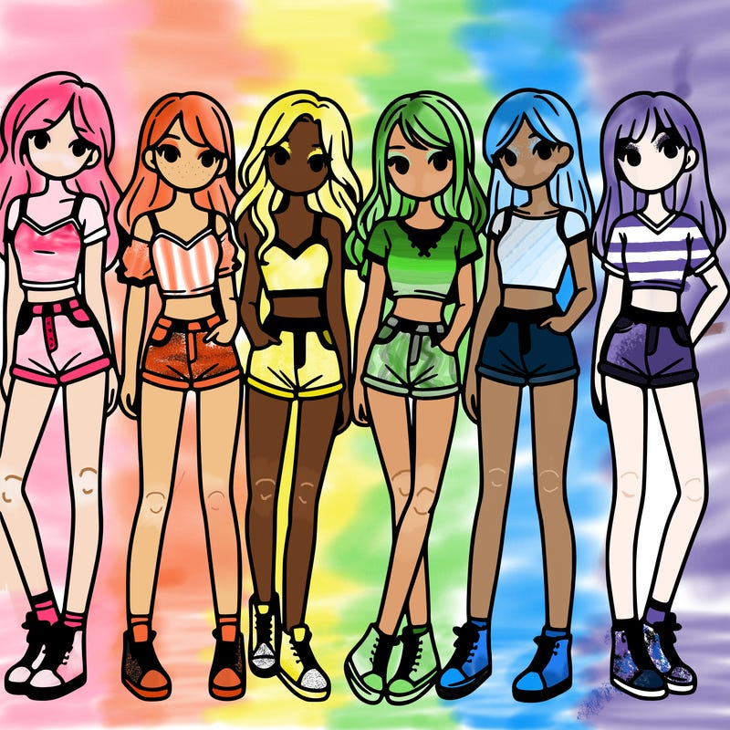 a group of girls wearing crop tops and shorts