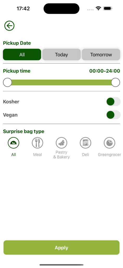 SpareEat app filter screen showing options for pickup date time dietary preferences and food categories