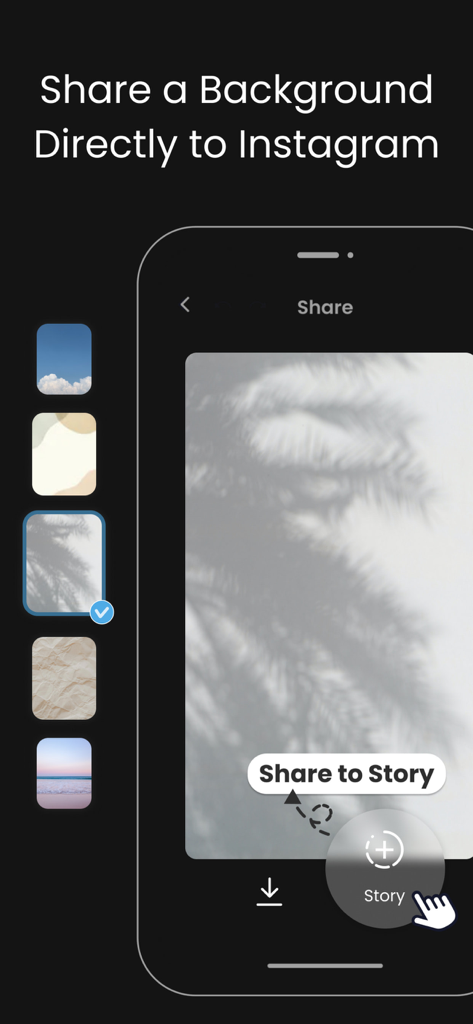 Vivisticker: Story Maker - Un'interfaccia mobile che mostra vari sfondi estetici e un pulsante per condividere direttamente su Storie di Instagram uno sfondo foglia di palma scelto.