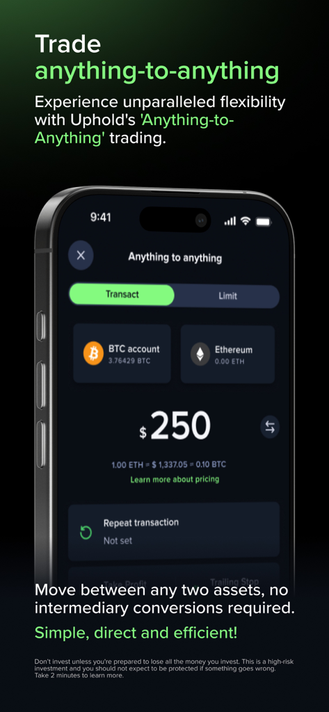 Una pantalla de smartphone que muestra la función de conversión de cualquier activo a cualquier otro de la aplicación Uphold para operar directamente entre BTC y Ethereum.