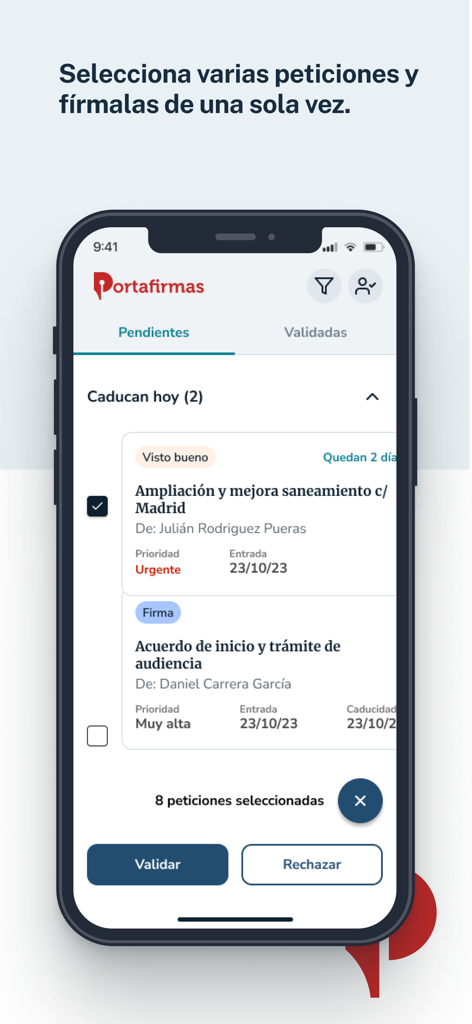 Mi Portafirmas - Oberfläche der Mi Portafirmas-App, die eine Liste ausstehender Dokumenten-Signaturanfragen für öffentliche Bedienstete anzeigt