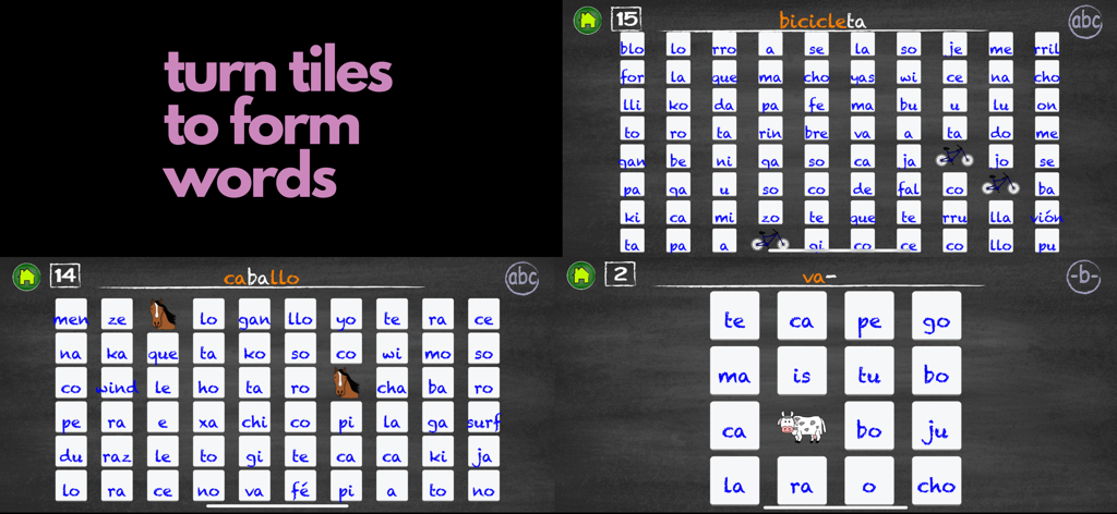 Lee Paso a Paso 2 - Pantallas de juegos educativos que muestran fichas de sílabas para formar palabras en español en Lee Paso a Paso 2.