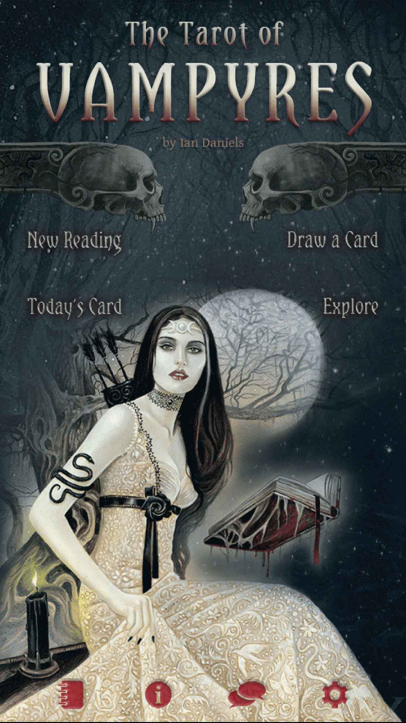 The Tarot of Vampyres app home screen featuring Gothic art by Ian Daniels and menu navigation options