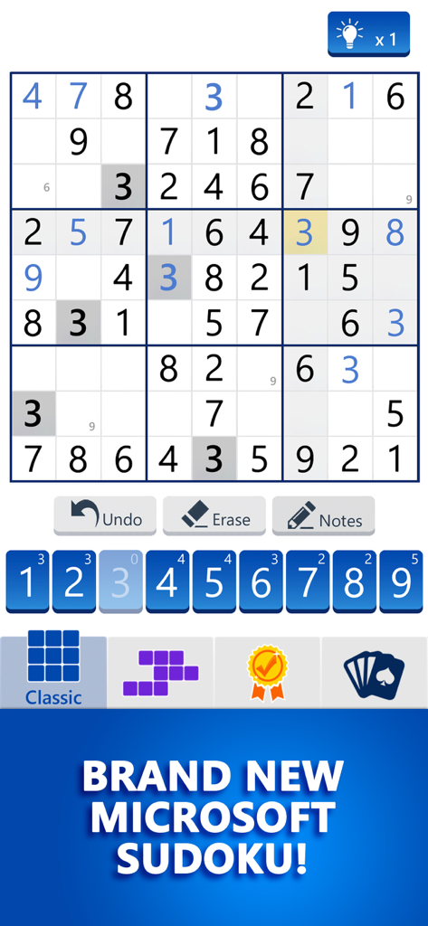 In-game screenshot of Microsoft Sudoku showing a classic 9x9 grid with numbers and puzzle controls