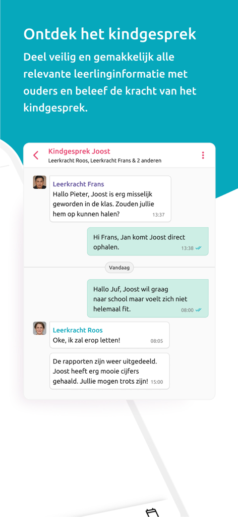 Parro - Oberfläche der Parro-App mit Direktnachrichten zwischen Lehrkräften und Eltern bezüglich Schüler-Updates.