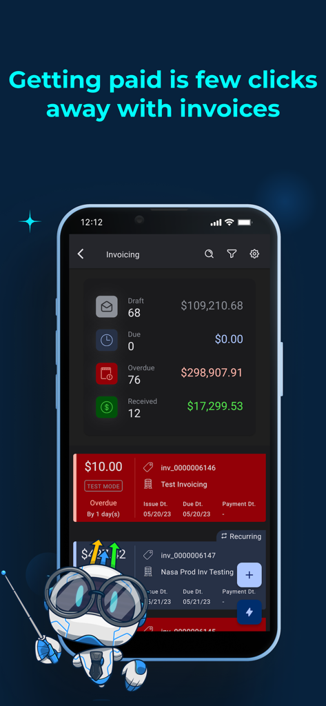 The HighLevel app invoicing dashboard showing draft, due, and overdue payment metrics