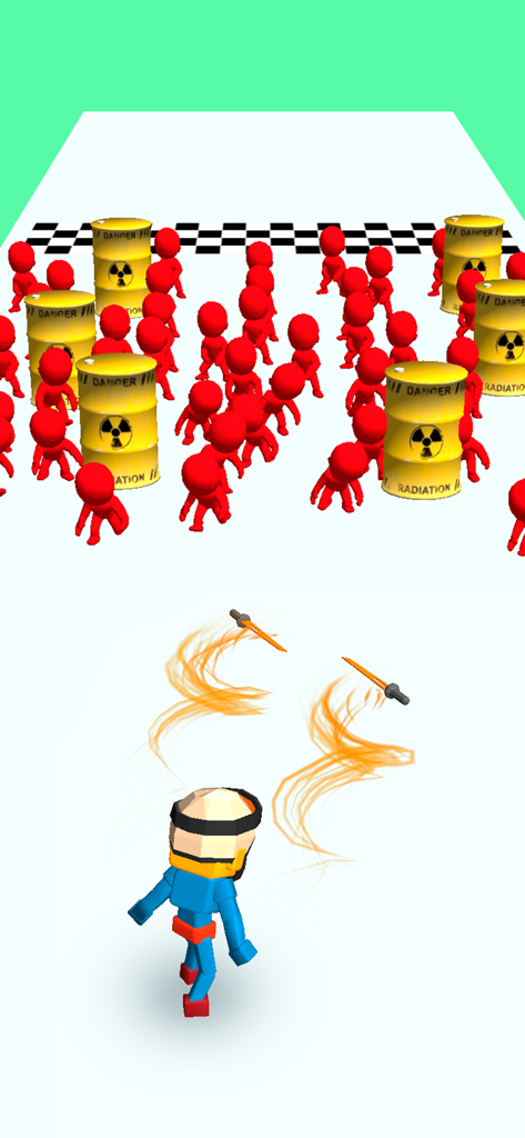 A 3D character throwing blades at a crowd of red enemies and radioactive barrels in the game Cut em all - Blade Master