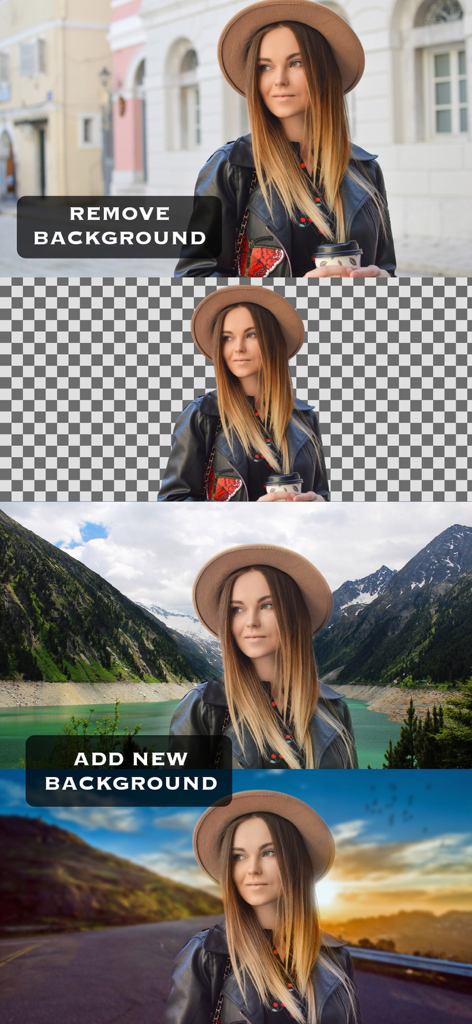 Demonstration of a photo background being removed and replaced with different scenic landscapes using the Superimpose app.