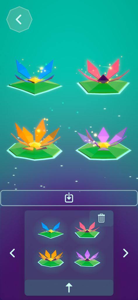 Lily - Playful Music Creation - A screen from the Lily music app showing four colorful geometric lilies and a menu for saved musical compositions.