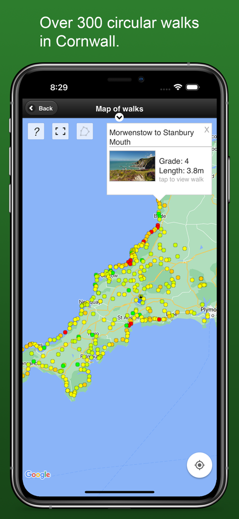 Map view of the iWalk Cornwall app showing hundreds of circular walking trails across Cornwall with details for a specific route