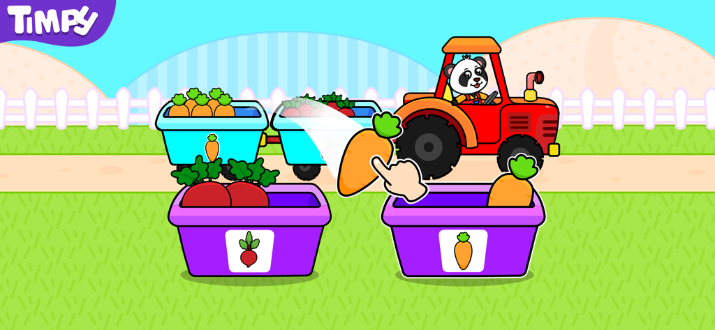 Barn & Farm Games For Kids - A panda driving a tractor with trailers while a hand icon drags a carrot into a sorting basket in a farm game for toddlers
