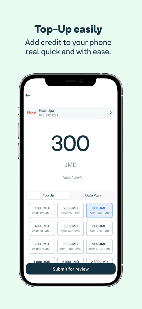 Lynk - Digital Payments - Lynk app interface showing a mobile phone credit top up screen for a Digicel account in Jamaican Dollars