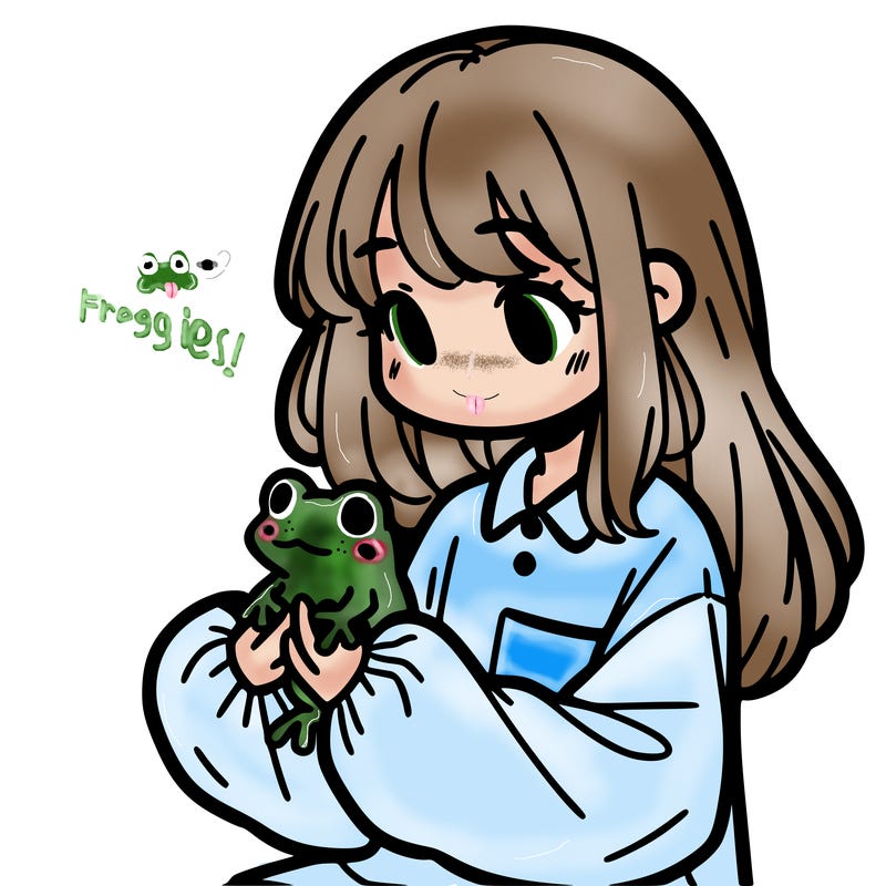 girl with long hair and a oversized shirt. and she is holding a frog