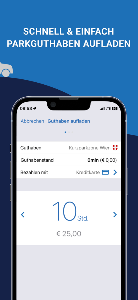 HANDYPARKEN App-Oberfläche zum Aufladen von Parkguthaben mit einer Kreditkarte für Wien