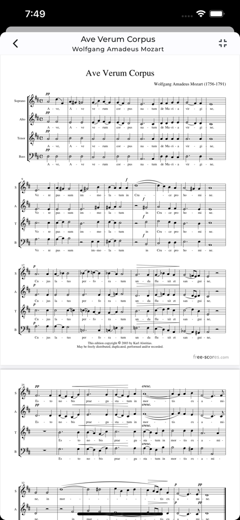 Digital choral sheet music for Mozart Ave Verum Corpus in the Choir app interface