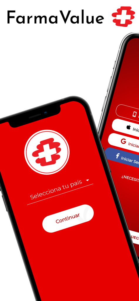 Farma Value mobile app welcome screen showing country selection and login options on two smartphones